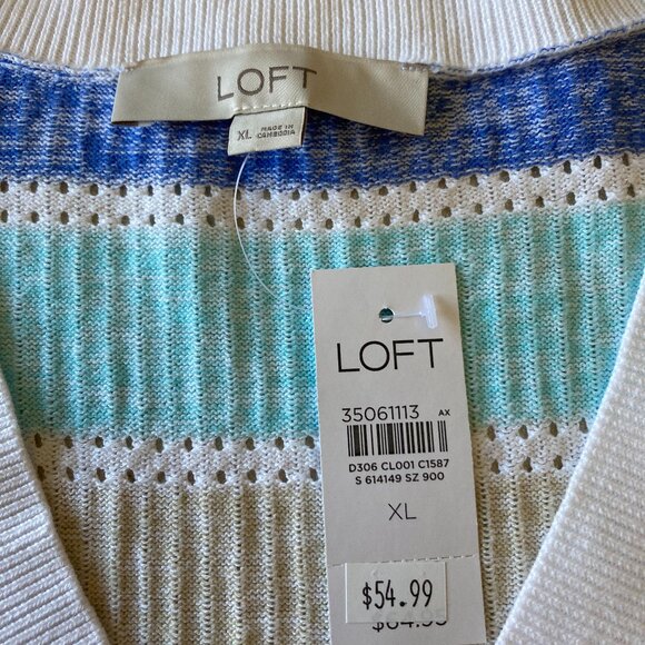 Loft NWT Striped Puff Sleeve V-Neck Cardigan Top Women Size XL White Blue Gray - Picture 7 of 12